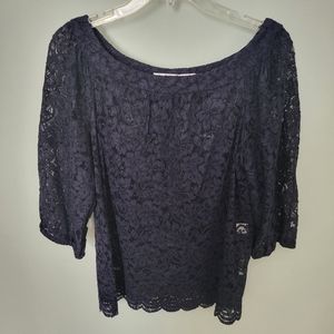 Diane Von Furstenberg Lace Black Scalloped Hem 3/4 Elastic Sleeve Blouse Size 10